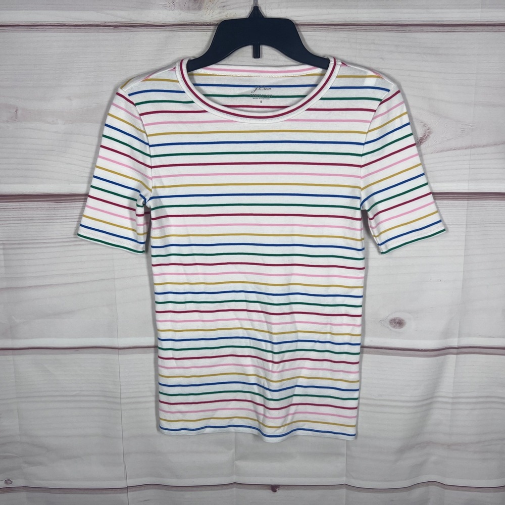 J.Crew T-Shirt Women S White Rainbow Perfect Fit Striped Short Sleeve Crew Neck